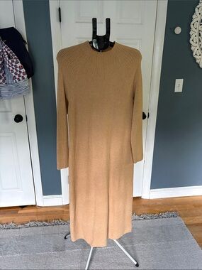 Talbots Camel Long Rib-Knit Crew Neck Sweater Dress